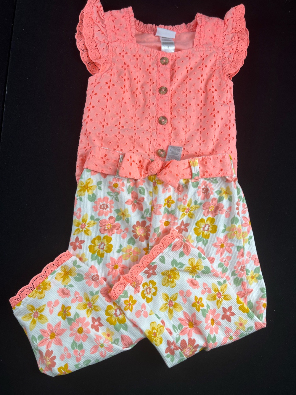 Little Lass Coral Eyelet Jumpsuit with Floral Bottoms